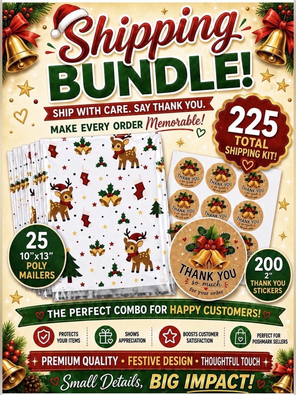 225PC Shipping Bundle - 25 Poly Mailers & 200 Thank You Stickers